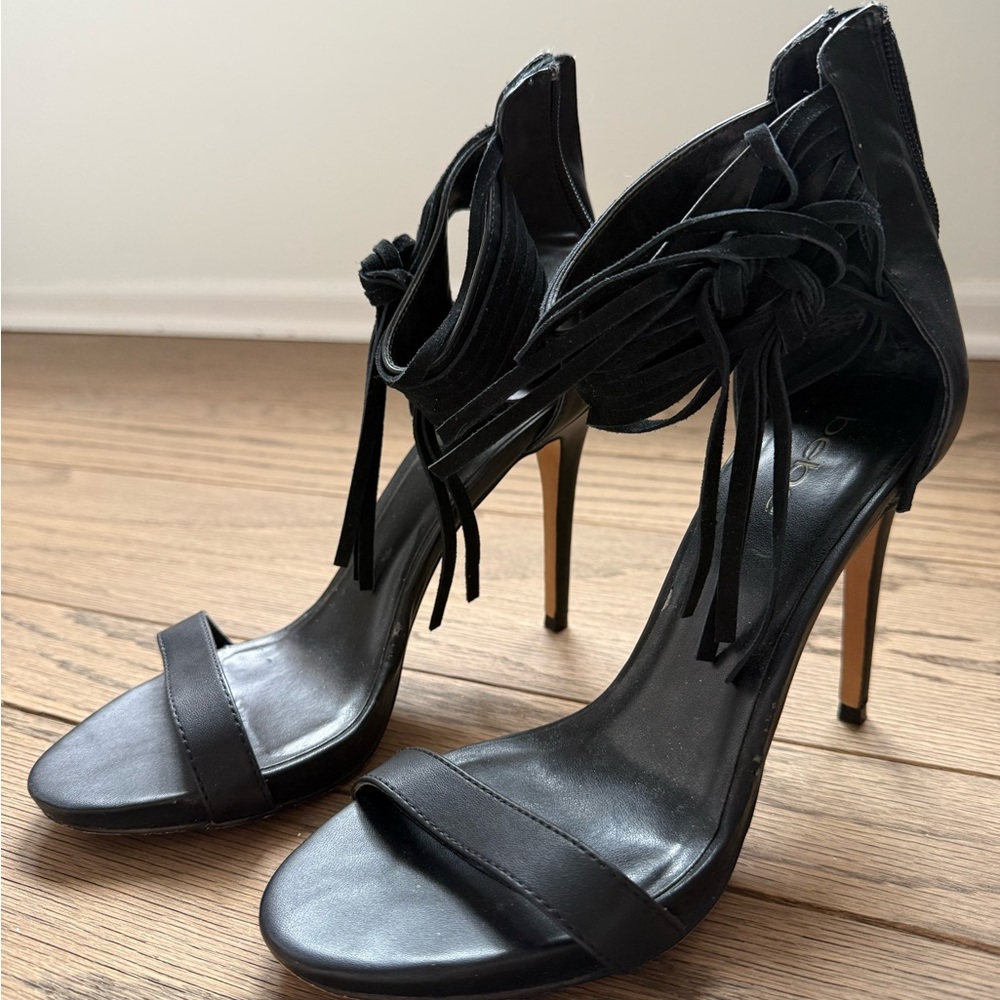 bebe Elegant Black Heels with Tassel Detail